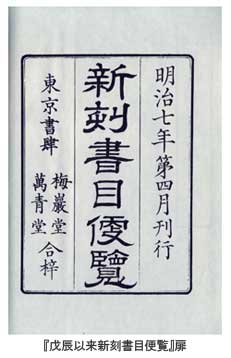 『戊辰以来新刻書目便覧』扉(朝倉治彦・佐久間信子 編集『明治初期三都新刻書目』日本古書通信社 1971年 4頁)